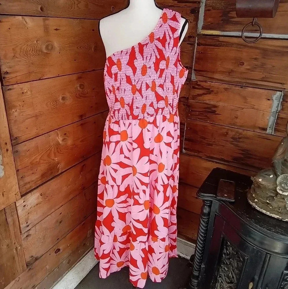 70s Vibe Dress Womens XXL Red ans Pink Floral Smocked One Shoulder Tiered Maxi - Picture 1 of 10